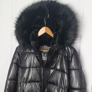 DKNY Black Puffer Jacket with Faux Fur Hood